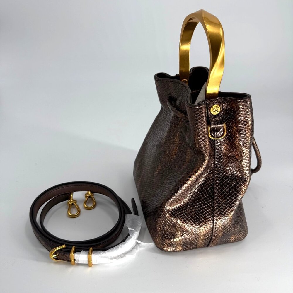 Donna Karan Drawstring Bucket Bag W/ Metallic Snake Print Leather - Picture 8 of 16